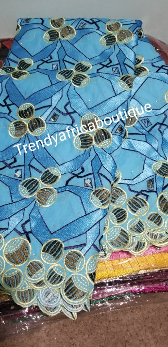 Special Sale: Quality African Swiss Lace Fabric for Nigerian party dress. Sold per 5yards. Original quality lace fabric. Turquoise blue/cream embroidered Swiss lace