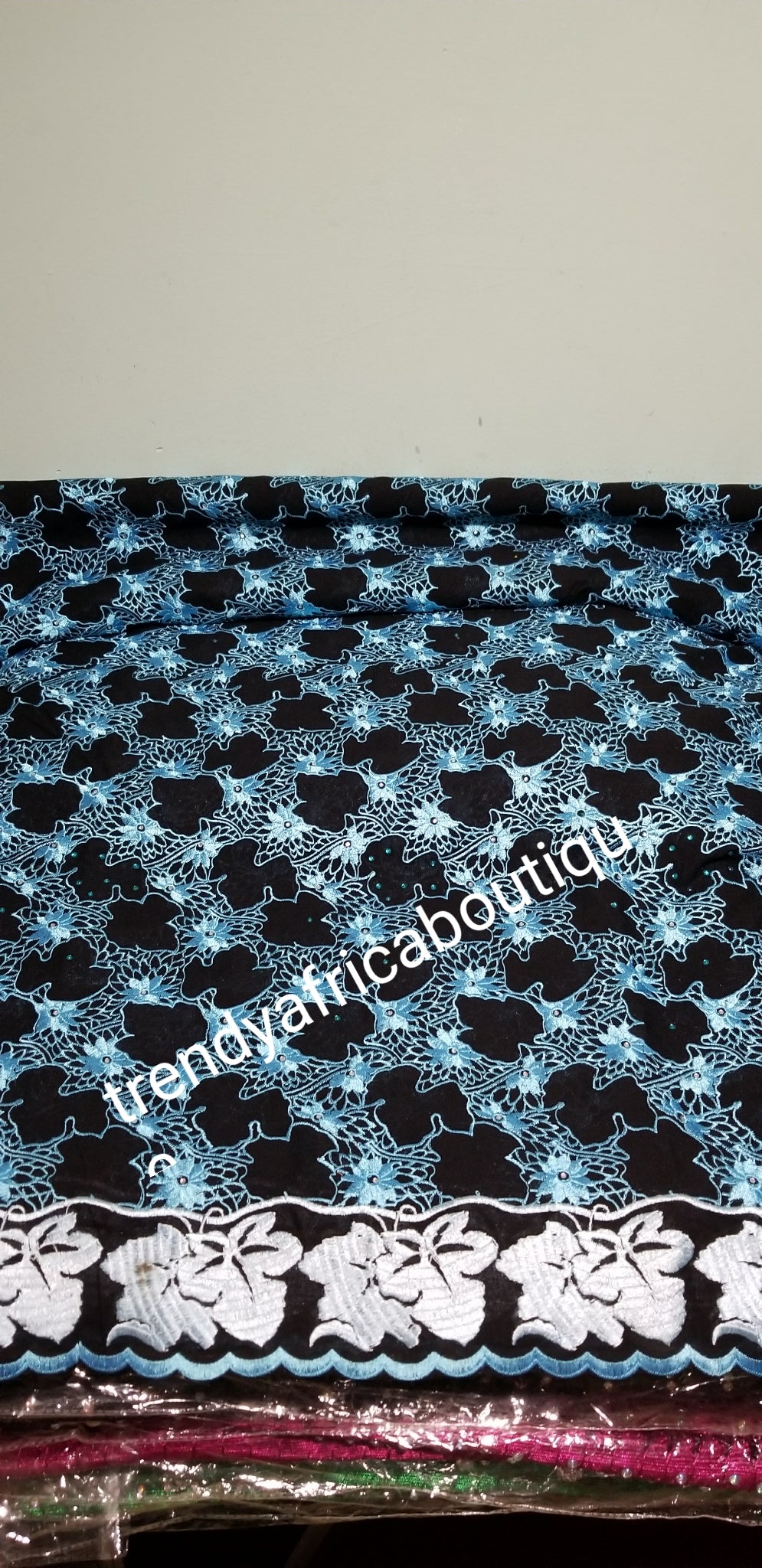 Sale sale: Quality Swiss Lace fabric. 100% Swiss cotton Voile fabric in black/turquoise blue embroidery and multi Crystal stones. Sold as 5yds lenght