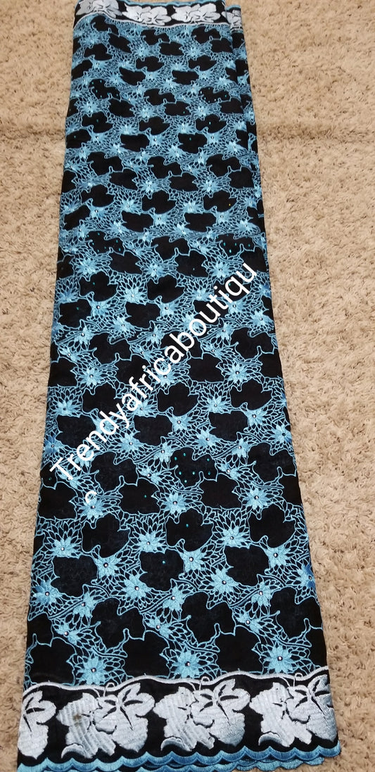 Sale sale: Quality Swiss Lace fabric. 100% Swiss cotton Voile fabric in black/turquoise blue embroidery and multi Crystal stones. Sold as 5yds lenght