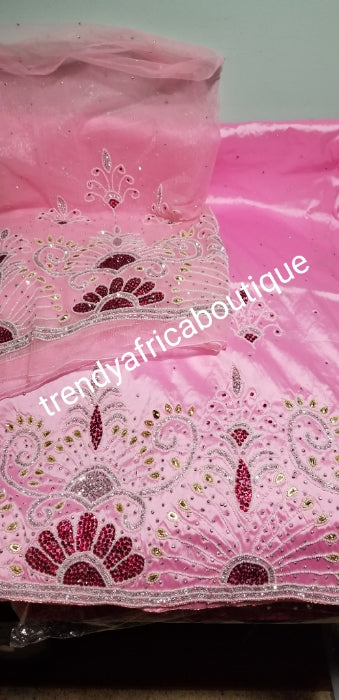 New arrival Pink Silk George. Hand stoned all over. Comes in 5 yards + 1.8 yards matching net blouse. Sold as a set, price is for set