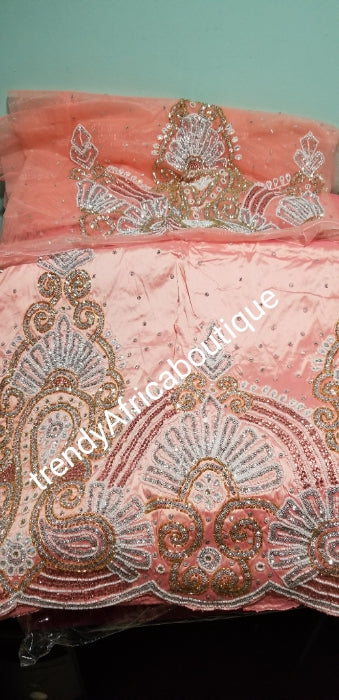 Sale sale: Peach Premium Raw Silk George wrapper fabric, quality Hand Stoned work for Nigeriasn women ceremonies. Sold 5yds + 1.8 Yards net blouse fabric