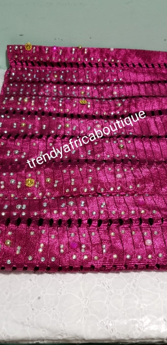 NIGERIAN traditional Aso-oke Gele/head wrap. Hand woven and beaddazzled border for perfect headwrap finish. This is fuschia pink.