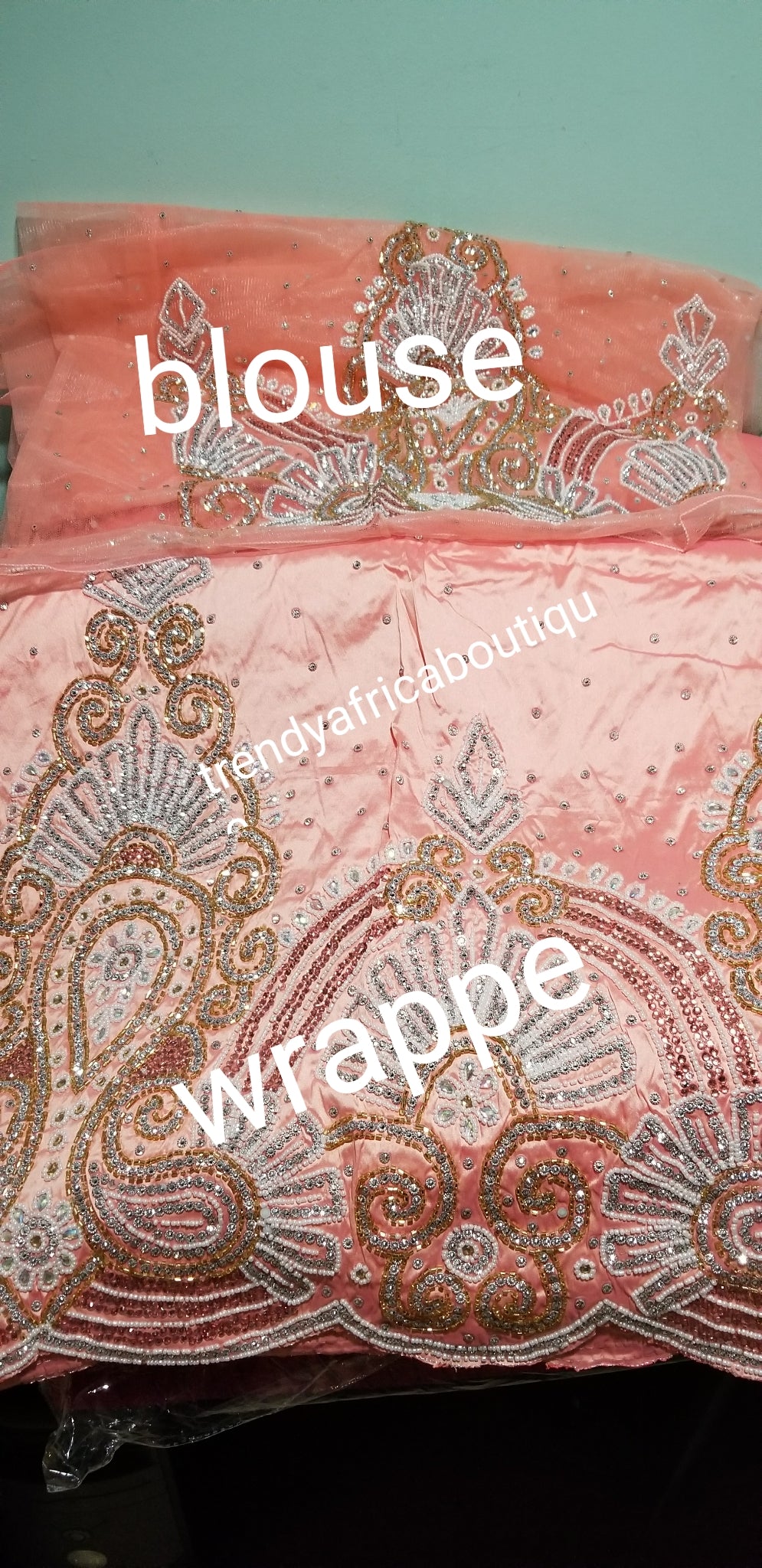 Sale sale: Peach Premium Raw Silk George wrapper fabric, quality Hand Stoned work for Nigeriasn women ceremonies. Sold 5yds + 1.8 Yards net blouse fabric