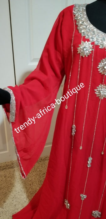 Red free flowimg Kaftan dress on sale. 60' long size Medium fit 44" Burst. Inner dress have belt for easy adjustments. Beaded with dazzling Crystal stones to perfection