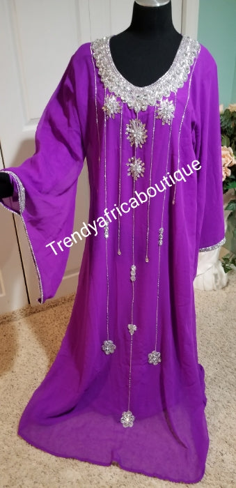 Clearance: Purple long free flowimg Kaftan dress embellished with silver dazzling Crystal stones. Size Large- fit  size 46" Burst. The inner dress comes with a belt for fit adjustment