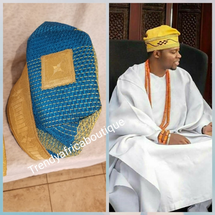 Turquoise blue Nigerian Tradional wedding accessories: Agbada embriodered men-cap. Made with Aso-oke . TURQUOISE blue/yellow Gold design. Groom cap