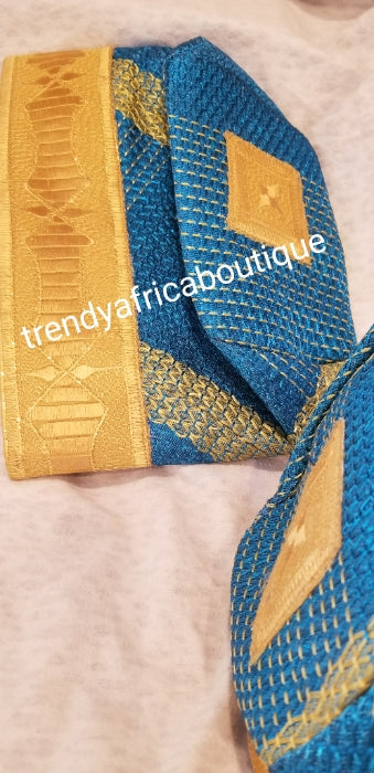 Turquoise blue Nigerian Tradional wedding accessories: Agbada embriodered men-cap. Made with Aso-oke . TURQUOISE blue/yellow Gold design. Groom cap