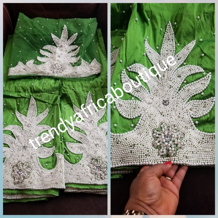New arrival high quality  Raw Silk Indian George wrapper/fabric.  hand Stoned work Nigerian women celebrant fabric. Sold 5yds + 1.8yard matching net blouse. Rich Green