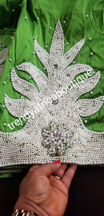 New arrival high quality  Raw Silk Indian George wrapper/fabric.  hand Stoned work Nigerian women celebrant fabric. Sold 5yds + 1.8yard matching net blouse. Rich Green