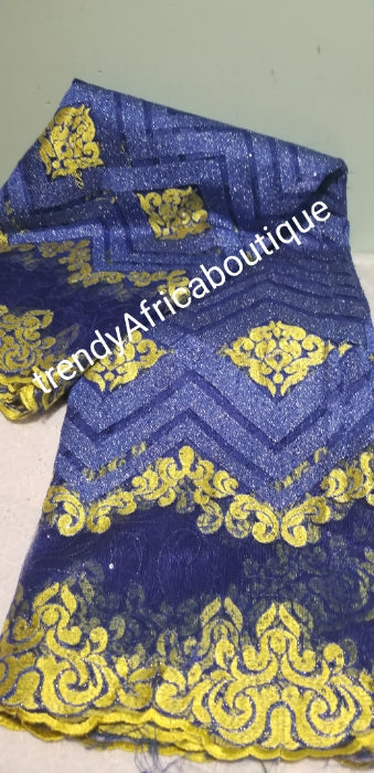 Clearance: Royal blue/yellow embriodery sequence French lace fabric for men and women Party wear