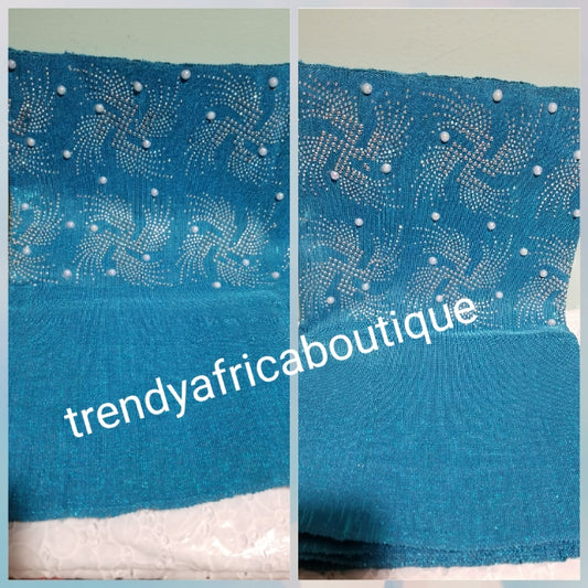 Latest Beaddazzled Aso-oke gele headtie. Nigerian Tradional aso-oke from Nigeria. Quality and stoned and pearl design. Gele only. Turqouise blue