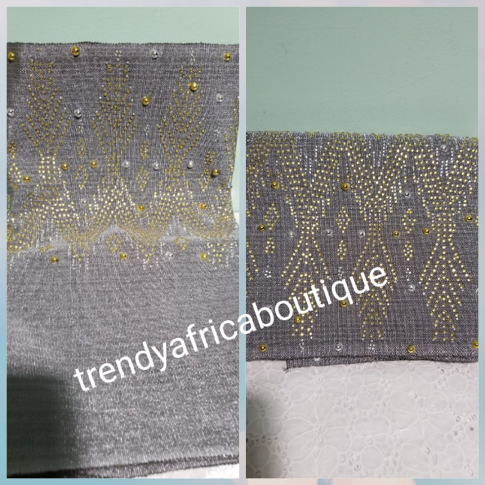 Gray color Aso-oke Gele Bead-dazzled border for that special occasion. Nigerian traditional Gele headwrap for party