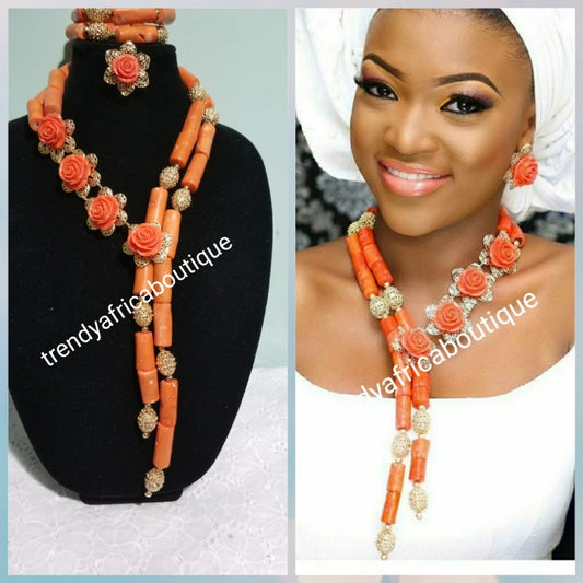 New Design of Edo/Nigerian Traditional wedding Coral beaded-necklace set. Sold as a set of necklace, bracelet and earrings. Price is for the set