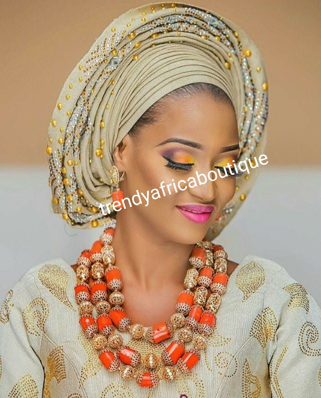 Latest Beaddazzled Aso-oke gele headtie. Nigerian Tradional aso-oke from Nigeria. Quality and stoned and pearl design. Gele only. Turqouise blue