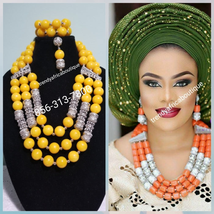 3 row original Coral-necklace set in yellow and silver accessories. Nigerian Celebrant beaded necklace/bracelet/earrings set. Nigerian Traditional wedding beads