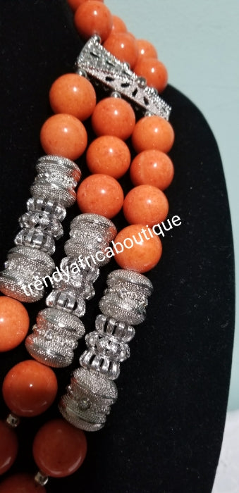 Make to order. 3pcs Edo Coral-necklace set with silver accessories. Original Nigerian coral beads for Nigerian Traditional Ceremonies. 3 row necklace/earrins/bracelet sold as a set. Allow 3-6 weeks to receive order