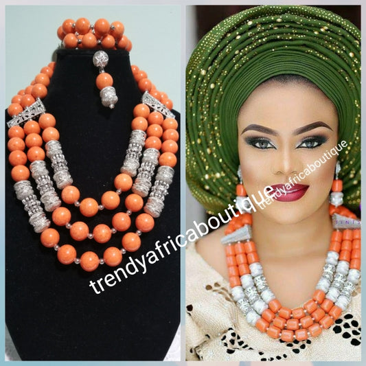 Original Edo Coral beaded necklace set in 3 roll Nigerian Tradional Coral bead set. Celebrant/Red carpet coral necklace with bracelet and earrings