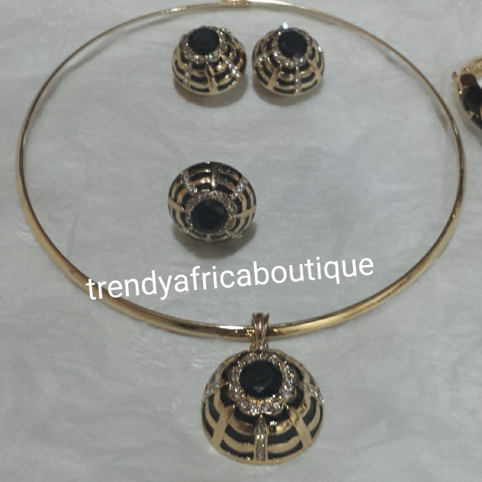 5pcs. Choker set. Omega necklace set in 18k electroplated costume jewelery set with black stones.  Bangle/ring/earrings/pendant necklace and Omega chain