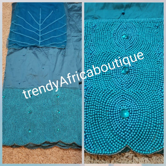 Classic Teal blue Hand Beaded Quality Silk George wrapper for Nigerian big party. Sold in 5yds and 1.8 yards matching blouse