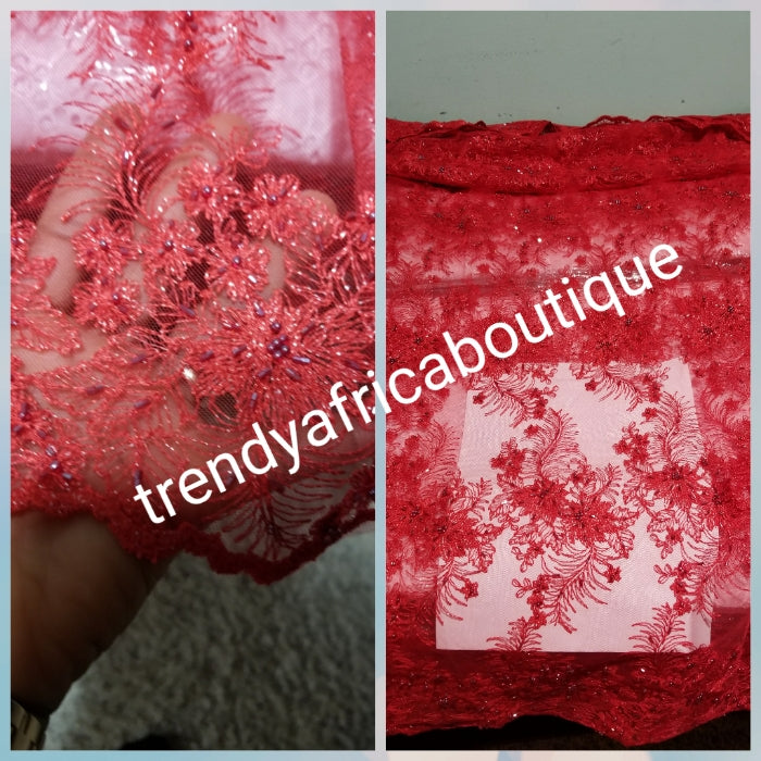 Red beaded and stones French lace fabric for making Blouses for wrapper. Igbo/Delta/Edo women blouse fabric 2yds available