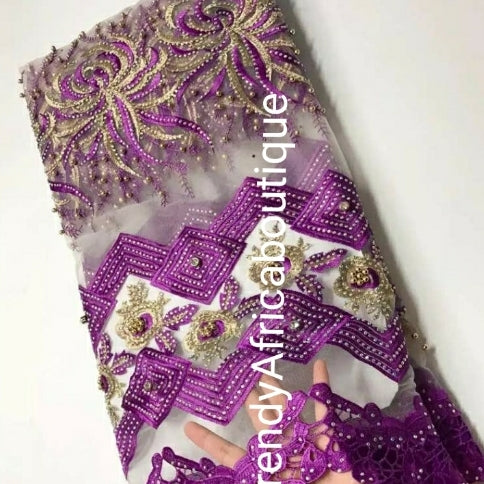 New arrival African French Lace Fabric. Fully beaded amd stoned/ richly design for that special Ocassion. Sweet purple french Lace for Nigerian big party