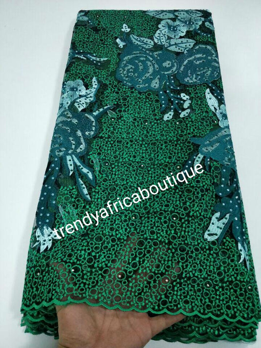 New arrival Embriodery and stoned African French lace fabric. Sold per 5yds. Supper Swiss made. Soft, excellebt quality. Sweet Green