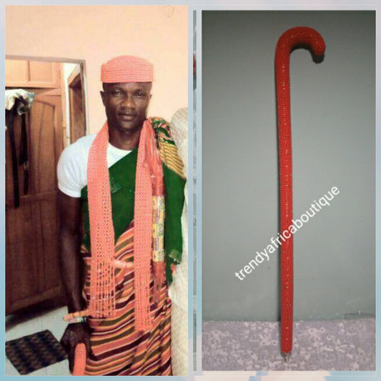 Coral bead walking stick for men. 35" long from top to bottom. Nigerian Traditonal wedding accessories for men. We also have coral-necklace set