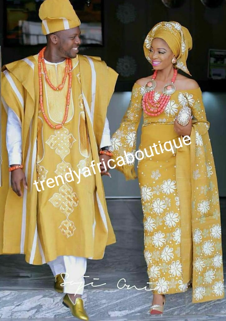 Embriodery and rhinestones Custom-made aso-oke  set for couple or 4pcs set for woman. Only made on order. Gold/white combinations or any color of your choice. Processing time is 6-8 weeks
