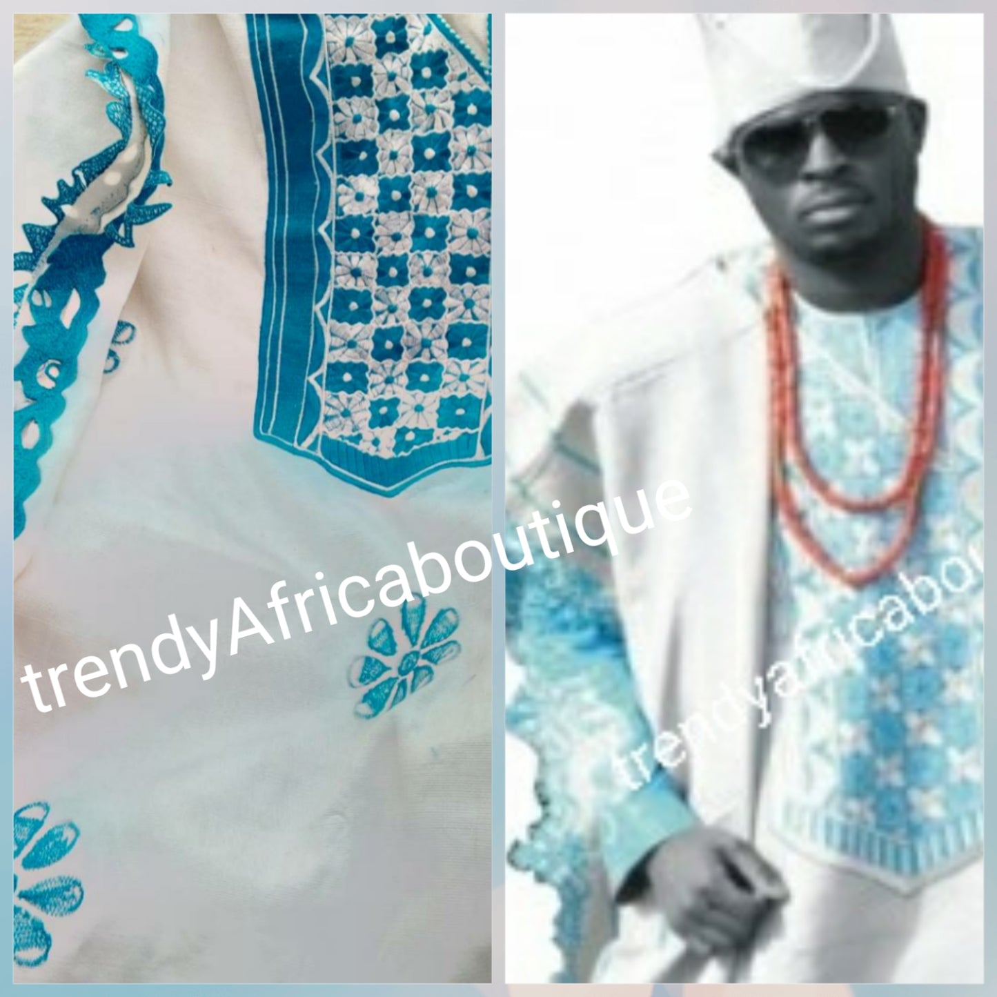 Agbada set for men. made-to-order Nigerian Traditional embriodery Aso-oke set for Men/Groom. Custom-made  design. Can be produce in any color combinations of your choice. This is white/turqoise blue.  4pcs set or 2 pc set. Allow 6-8 weeks for production