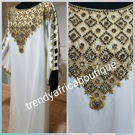 Classic white/gold Long free flowimg kaftan dress. Beaded and stones Dubai kaftan. Free size. Fit up to 1XL size. Burst size is 52 INCHES .