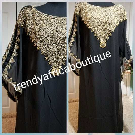 Black beaded and stones Dubai kaftan dress. Kaftan bubu free flowing dress for special occasion. One size fit up to 1XL.