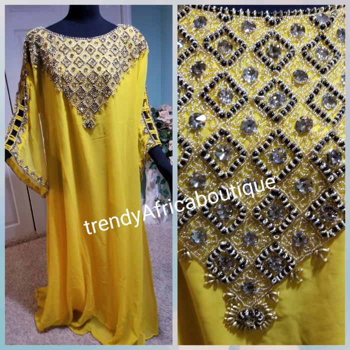 Yellow Long free flowing kaftan dress. Beaded/stoned. Dubai kaftan Bubu for special occasion. Free size fit up to Size 1 XL. Made with chiffon material
