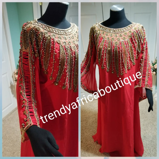 Free flowing Dubai kaftan dress in Red. Bubu dress free size fit up to 1XL. Beaded and stones chiffon kaftan for evening dress