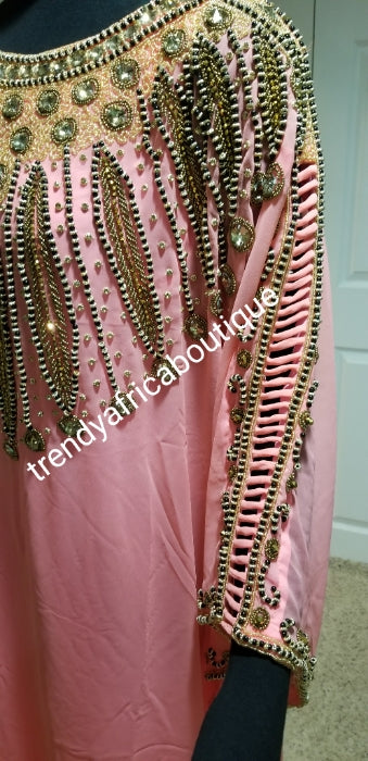 Coral pink long free flowimg Kaftan dress. Hand beaded and stoned. Free size to fit up to 2XL. Classic Dubai Kaftan dress for women