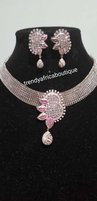 2pc 22k white Electroplating with pink CZ stones setting. Sold as a set. Dubai white/silver plating with hypoallergenic plating