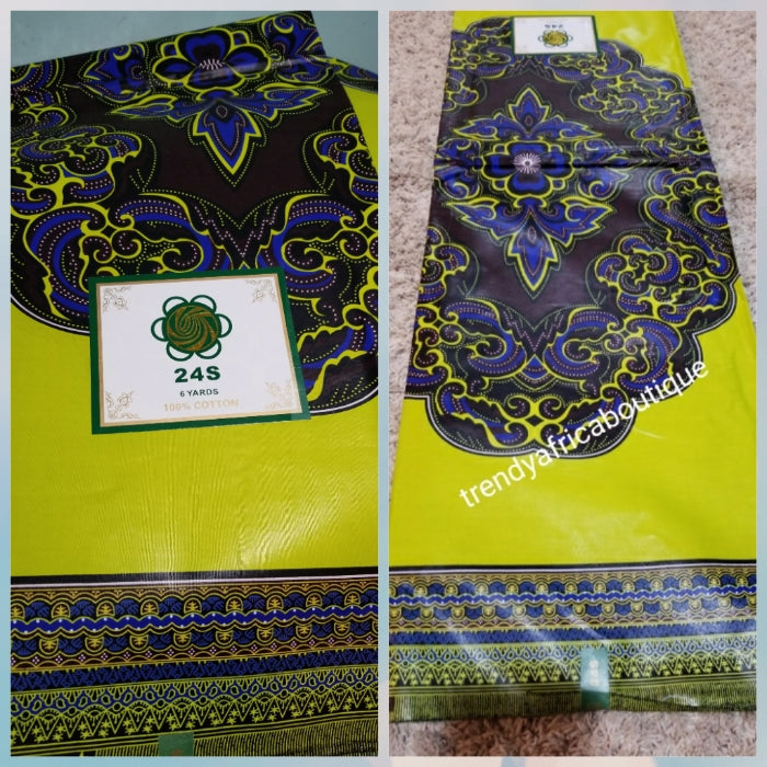 Original quality Ankara African Wax print fabric for making African dresses for men and women. 100% quality with latest design. Lemon green background veritable wax print.