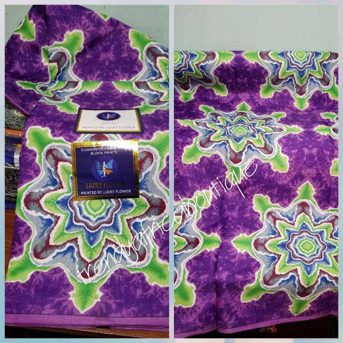 Classic cotton super African Wax print fabric. Purple  background. Sold per 6 yards. Guaranteed wax block, Ankara wax print for making dresses.