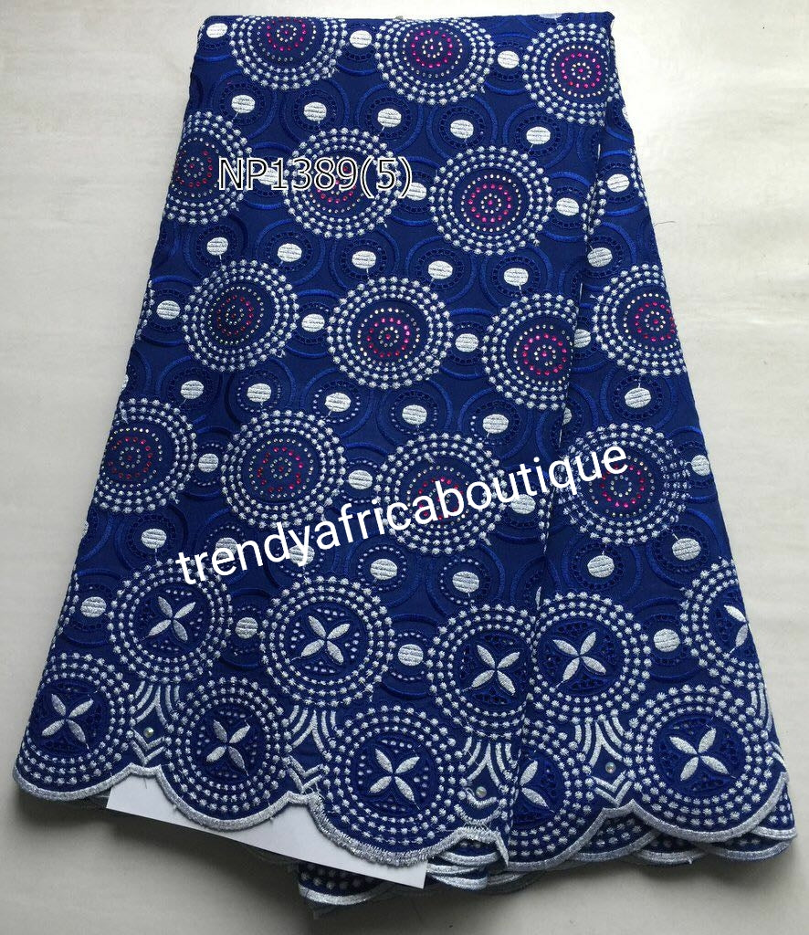 Royal blue/white Embriodery Swiss voile lace fabric. Original Quality fabric, quality multi Crystal stone work. Sold per 5yds. Price is for 5yds