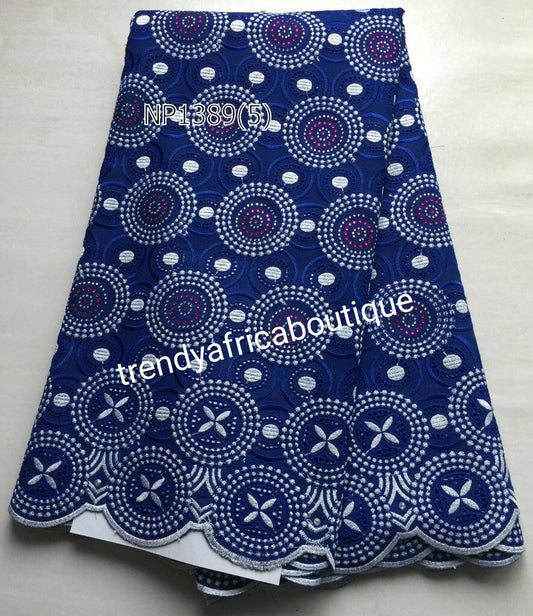 Royal blue/white Embriodery Swiss voile lace fabric. Original Quality fabric, quality multi Crystal stone work. Sold per 5yds. Price is for 5yds