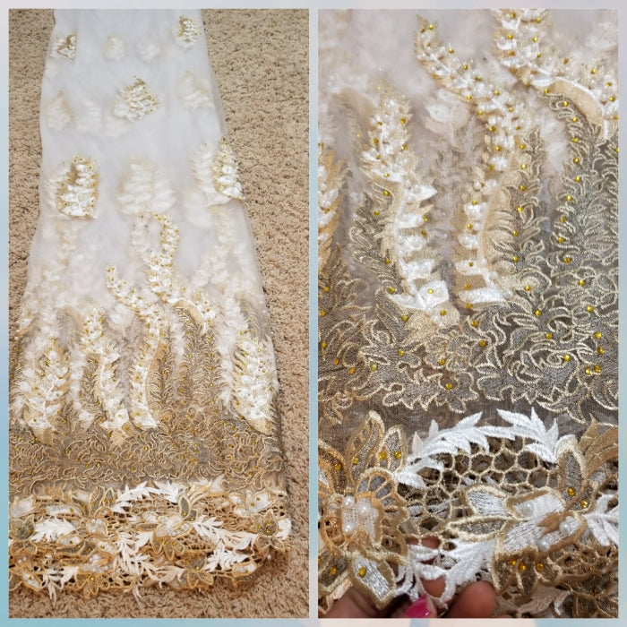 Pure white/Gold net George lace. Classic design with Gold embriodery, beaded and stoned. New arrival African French lace/George lace sold per 5yds