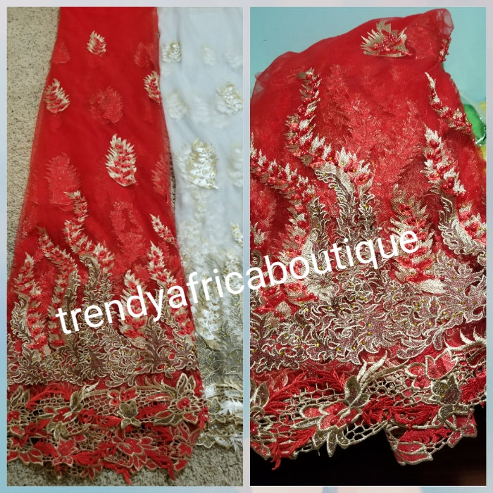 Red Net French lace fabric, Luxery Embriodery African french lace fabric. Beaded and stoned to perfection. Sold per 5yds price is for 5yds. Beautiful border handcut embriodery work
