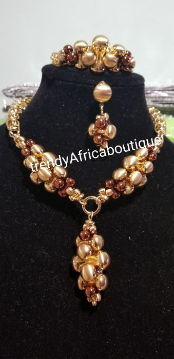 New 18k gold plated Costum Necklace set. Gold/chocolate brown accent. 3pcs. Bracelet fit 7" and 8" wrist. Sold as a set