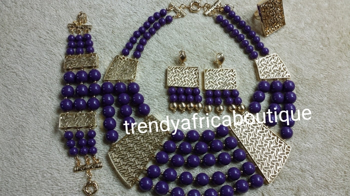 Clearance item. Purple beaded necklace set multiple layer. 4pcs set. 18k Gold plated accessories. Matching bracelet, open ring, drop earrings. Sold as a set