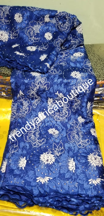 Royal blue/white quality french lace fabric. Embriodery with stones/pearls.  African french lace for making party outfit