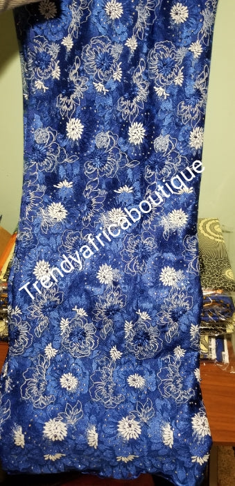 Royal blue/white quality french lace fabric. Embriodery with stones/pearls.  African french lace for making party outfit