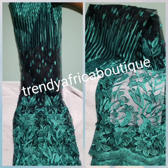 Clearance: Quality African  embriodered French Lace fabric in black/teal. Sold per 5yds. Beaded and stones net french lace, glower border