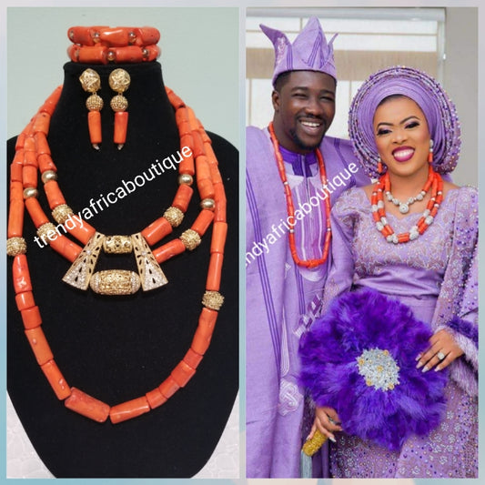 Edo Original coral beaded necklace set for wedding. Coral necklace in choker + ome extra long piece perfect for celebrant. Include 2 bracelets and earrings. Sold as a complete set. Bridal accessories