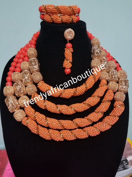 Sale: Special design 4 role coral-necklace set. Included 2 row bracelet and a drop earrings. Nigerian Traditional wedding coral beaded necklace. Edo Bride/celebrant beads. Sold as a set