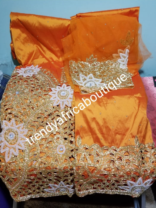 Ready to ship: Orange VIP hand beaded and stoned George wrapper with matching blouse for Celebrants: Nigerians Traditional Igbo/Delta women wrapper for high society party. Sold as set of 5yds+1.8yds blouse
