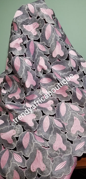 Sale sale: Big Embroidery hand cut Swiss lace fabric in Gray/pink color combinations. Exclusive Celebrant African Lace fabric for that special occasion. Sold per 5yds and price is for 5yds.